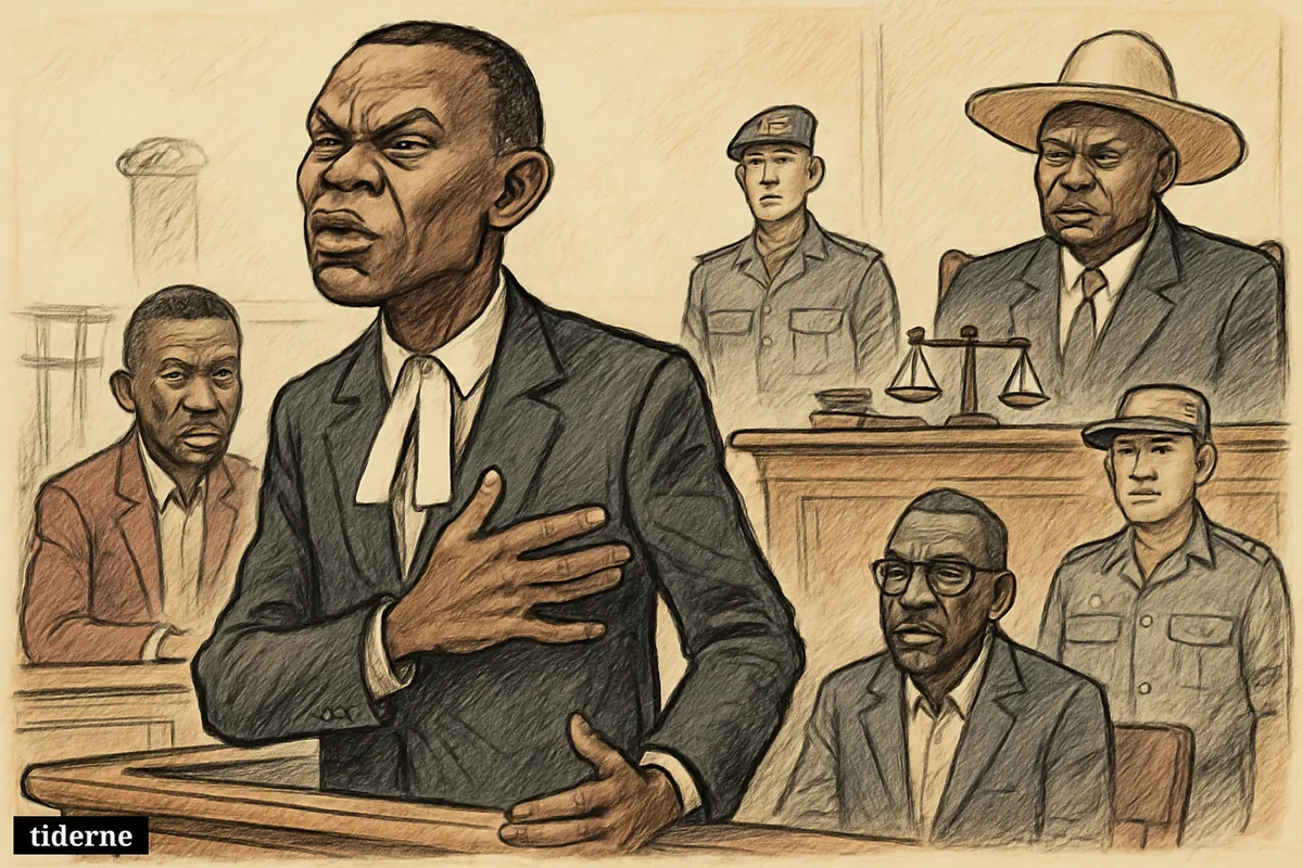 Caricature courtroom scene with Erias Lukwago defiantly charged, Kizza Besigye under guard, Museveni seated sternly, and opposition figures watching tensely.