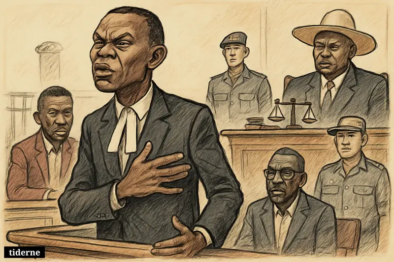 Caricature courtroom scene with Erias Lukwago defiantly charged, Kizza Besigye under guard, Museveni seated sternly, and opposition figures watching tensely.