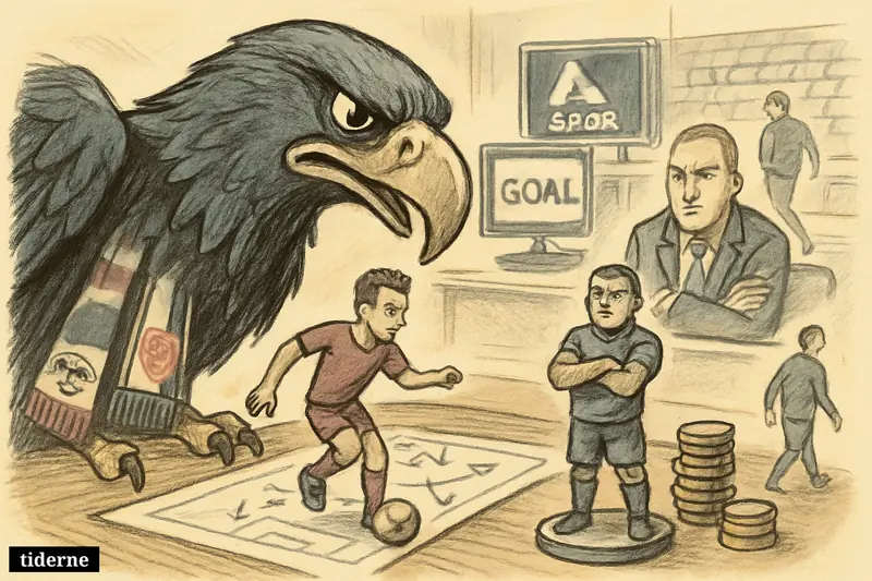 A Besiktas eagle studies two football transfer targets at a negotiation table while a third star option fades away in the background. (AI-genereret illustration)