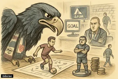 A Besiktas eagle studies two football transfer targets at a negotiation table while a third star option fades away in the background. (AI-genereret illustration)
