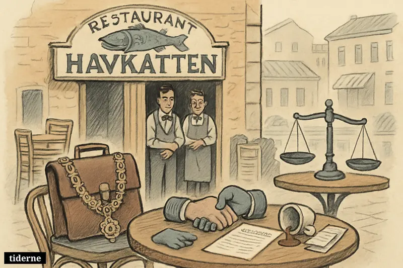 A caricature harbor restaurant scene with a catfish sign, abandoned mayoral props, broken handshake symbol, and uneasy staff near the entrance.