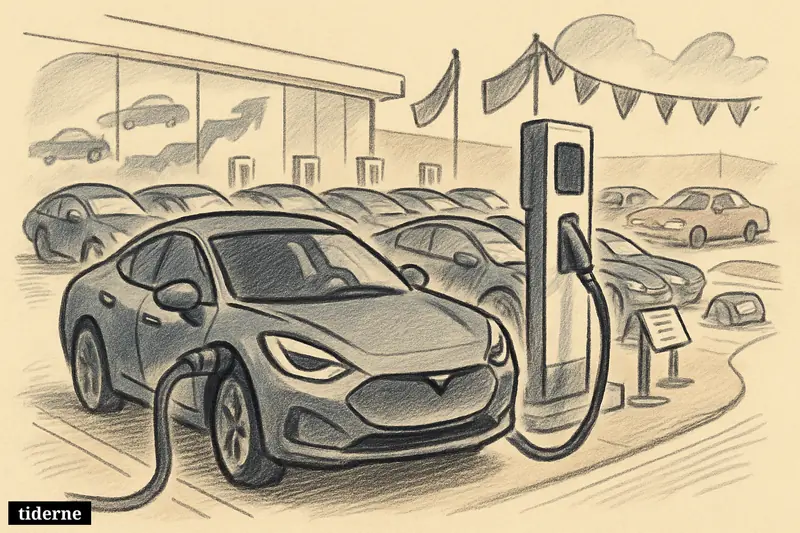 A dealership lot packed with electric cars, charging cables gripping the scene, while a few fuel cars sit pushed aside in the background. (AI-genereret illustration)