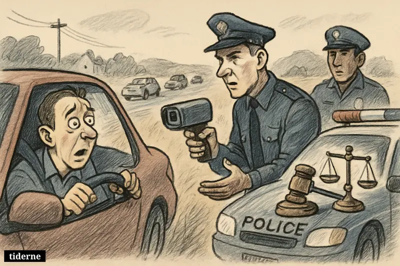 Caricature of a speeding driver stopped by police on a rural road, with speed camera equipment and legal symbols nearby.
