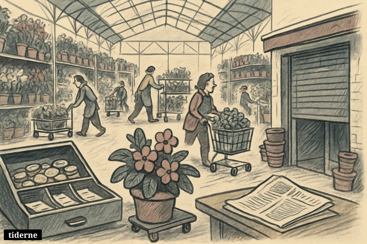 A thriving garden center contrasts with a closed small flower shop corner, with cash, plants, carts, and a folded newspaper in view. (AI-genereret illustration)