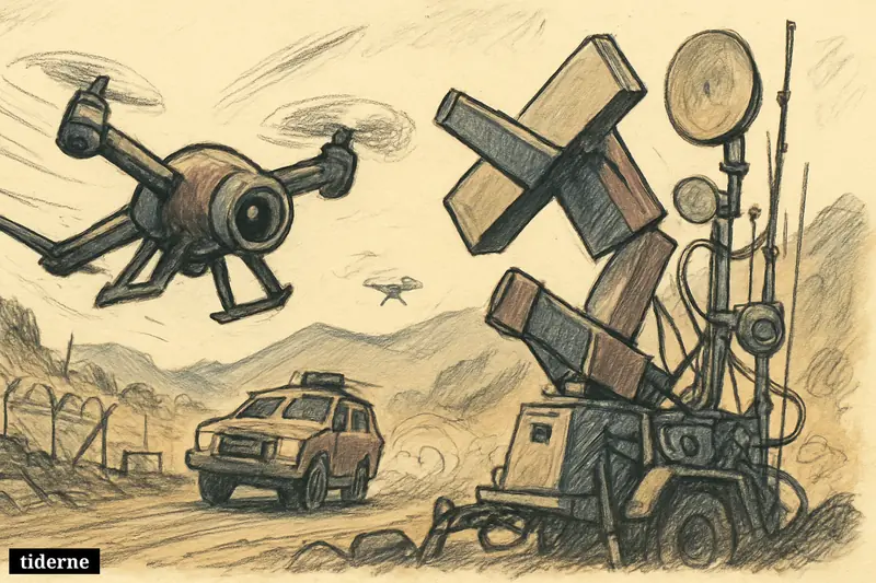 A small attack drone swoops at an armored vehicle while an air-defense system struggles to intercept it near a tense border outpost.