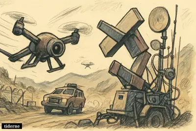 A small attack drone swoops at an armored vehicle while an air-defense system struggles to intercept it near a tense border outpost.