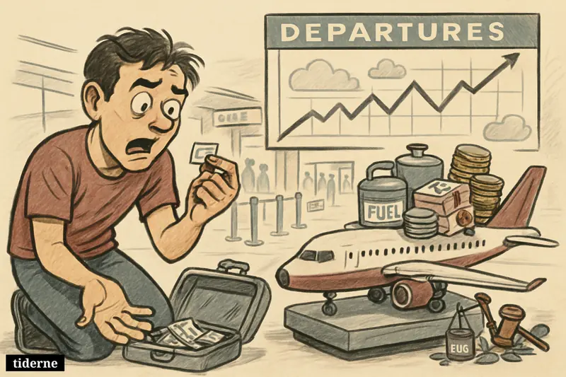 A worried traveler examines a tiny ticket as a small budget plane is weighed down by fuel, costs, regulation, and climate-pressure symbols.