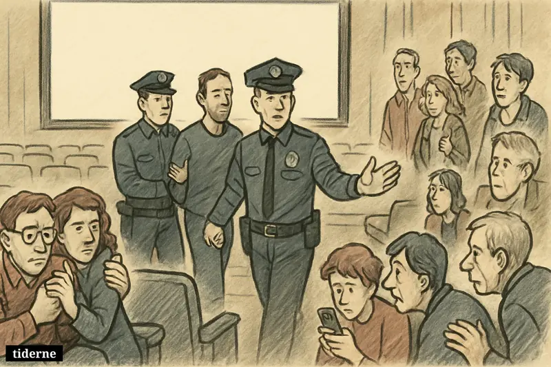 Shaken cinema guests watch police escort a detained man from a theater while an officer gestures reassuringly to the audience.