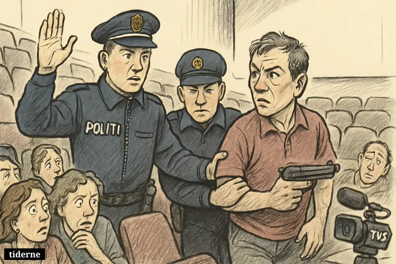 Police detain a man with a toy pistol inside a cinema aisle as alarmed moviegoers watch, with TV news equipment nearby.