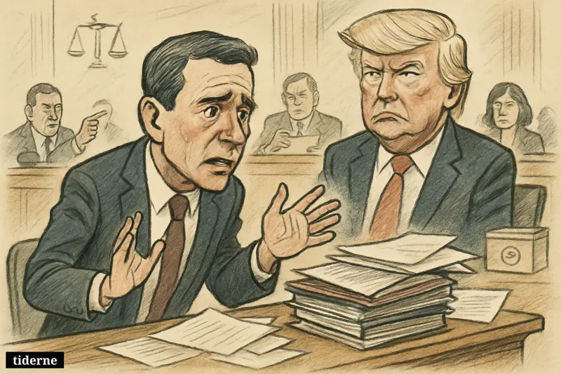 Todd Blanche apologizes at a Senate hearing table while Donald Trump watches behind him and senators press him with documents. (AI-genereret illustration)