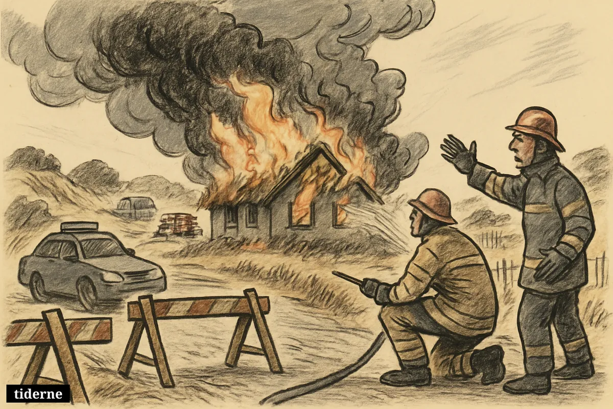 Smoke billows from a burning summer cottage as firefighters work and police block a nearby road in a coastal holiday area. (AI-genereret illustration)