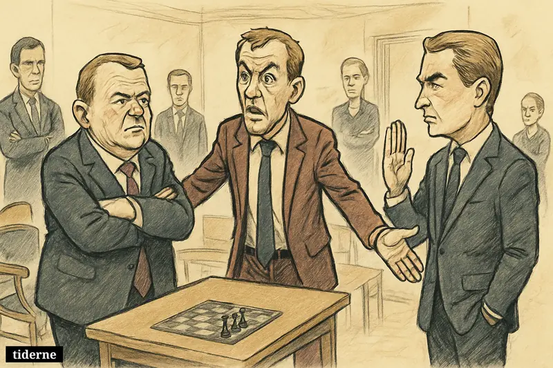 Political caricature of Lars Boje mediating a tense standoff between Lars Løkke Rasmussen and Morten Messerschmidt in a negotiation room.