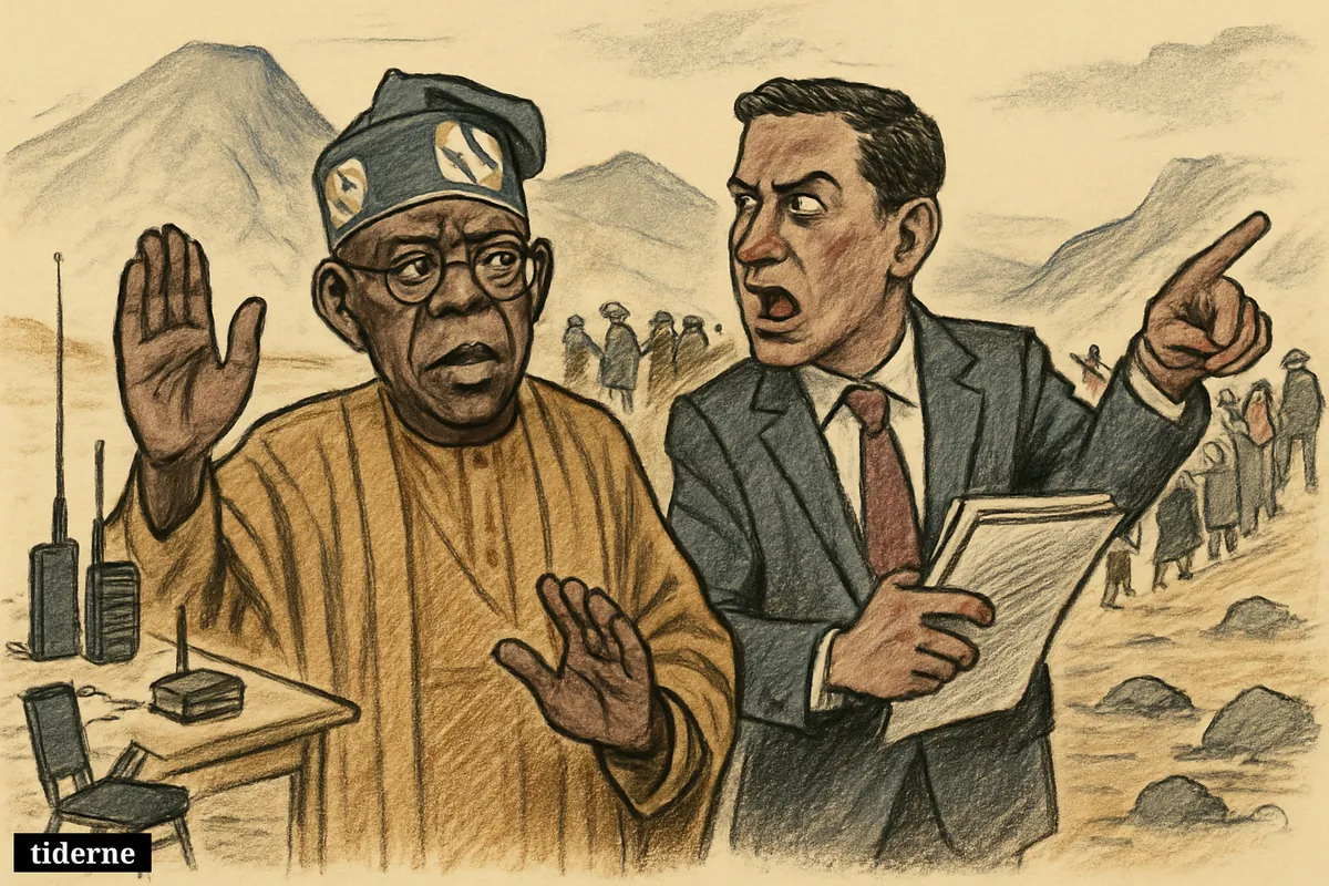 Caricature of Bola Tinubu and Daniel Bwala at a Nigerian field post as freed hostages emerge from a rocky Boko Haram hideout.