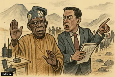 Caricature of Bola Tinubu and Daniel Bwala at a Nigerian field post as freed hostages emerge from a rocky Boko Haram hideout.