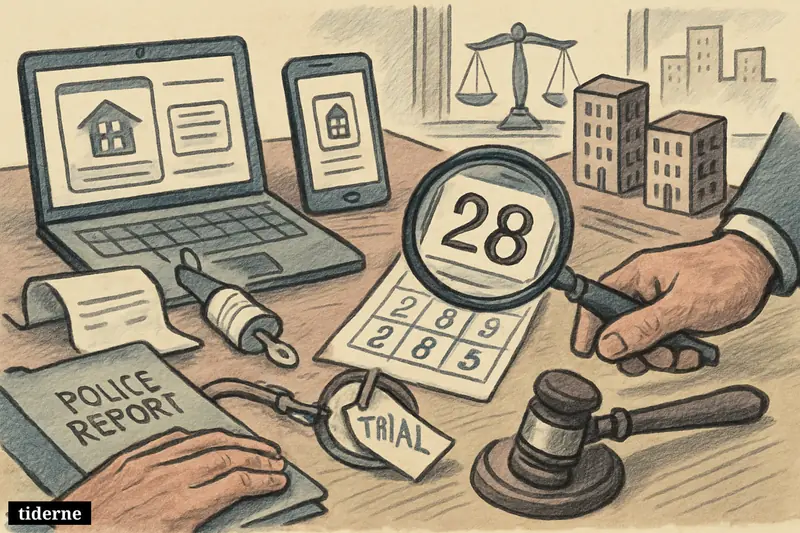 Laptop rental portals, chained receipt and keys, police report folder, gavel, and apartment miniatures symbolize misleading housing subscriptions under scrutiny.