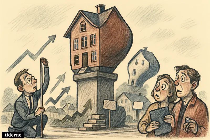 Exaggerated houses swell upward on a suburban street as a real-estate agent and homeowners react to sharply rising home prices. (AI-genereret illustration)