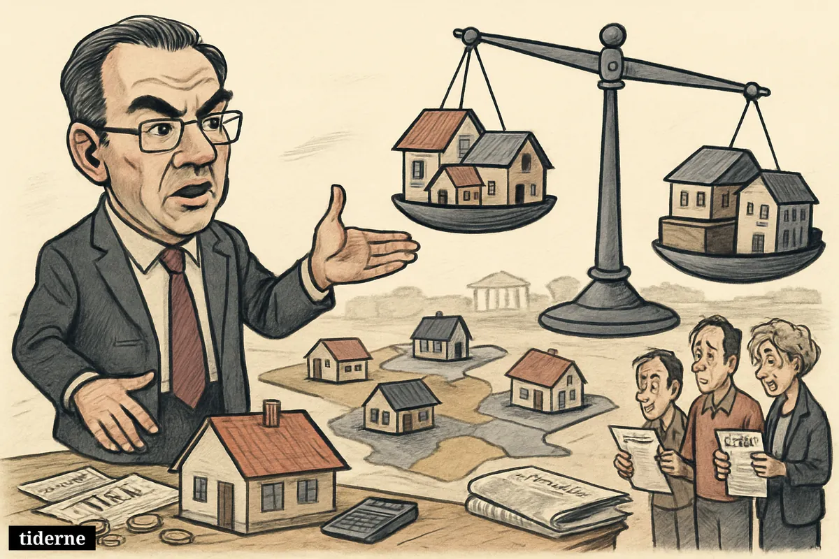 Caricature of Hans Kristian Skibby pointing at an uneven housing tax scale beside Danish homes and worried homeowners in a municipality-divided landscape. (AI-genereret illustration)