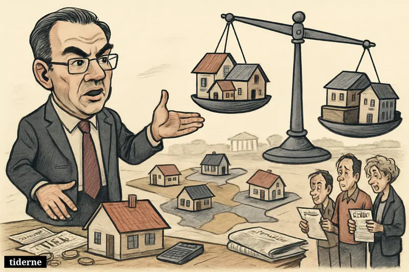 Caricature of Hans Kristian Skibby pointing at an uneven housing tax scale beside Danish homes and worried homeowners in a municipality-divided landscape. (AI-genereret illustration)