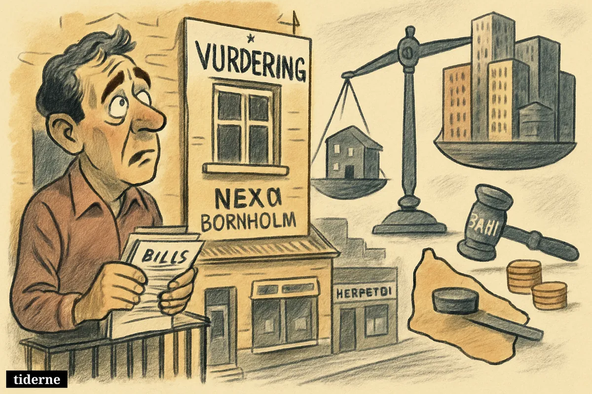 A worried homeowner on a Nexø apartment balcony watches giant scales compare his building with larger city blocks, symbolizing rising property tax. (AI-genereret illustration)