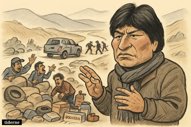 Evo Morales stands before road barricades as protesters surround a separated government convoy on a blocked road near La Paz.