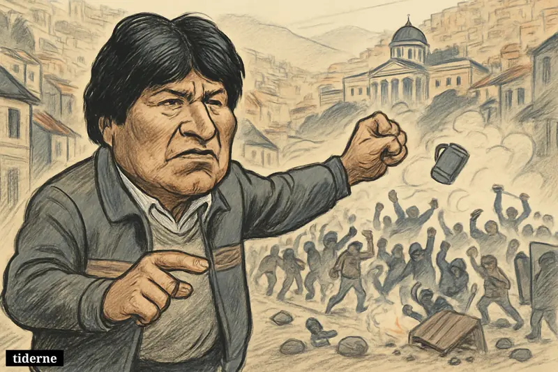 Evo Morales stands defiantly on a La Paz street as protesters, tear gas, barricades, and signs of economic unrest fill the background.