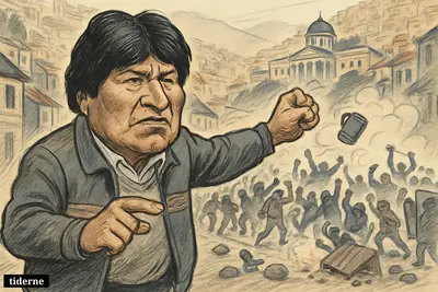 Evo Morales stands defiantly on a La Paz street as protesters, tear gas, barricades, and signs of economic unrest fill the background.