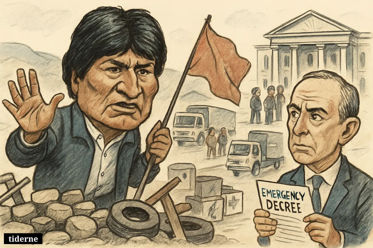 Caricature of Evo Morales at a roadblock while President Rodrigo Paz and stalled supply trucks frame Bolivia’s political and supply crisis.