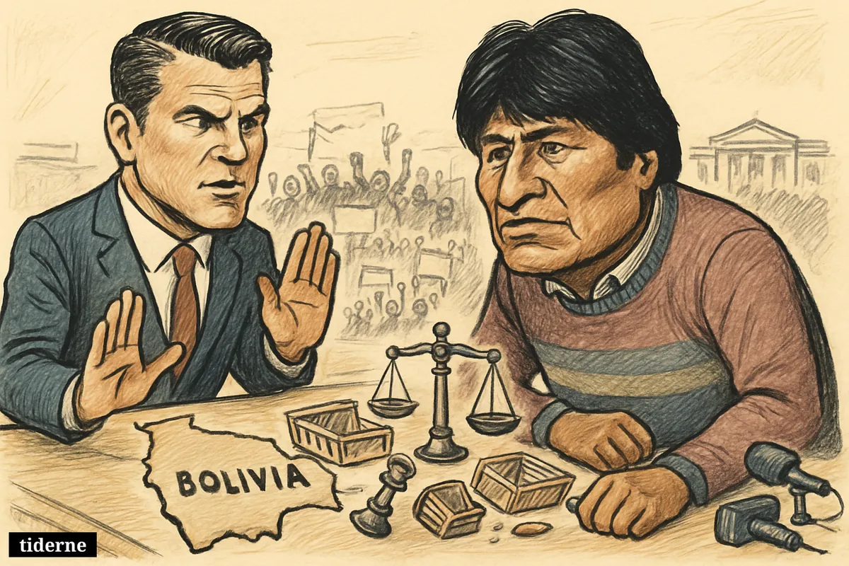 Pete Hegseth and Evo Morales face off over a Bolivia map, with protest barricades, empty food crates, and coup-warning symbols behind them.
