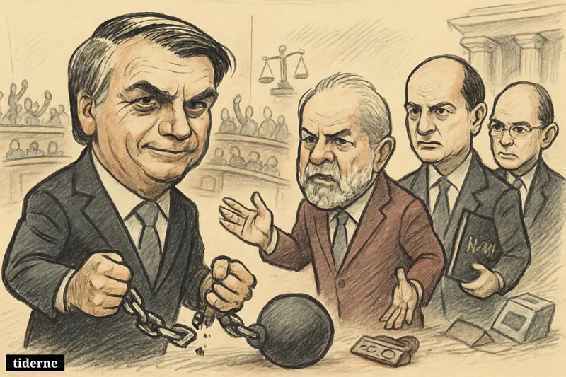 Bolsonaro with a shortened prison chain faces an angry Lula inside Brazil’s congress, as allies, lawmakers, and justice symbols surround them.