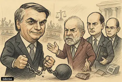 Bolsonaro with a shortened prison chain faces an angry Lula inside Brazil’s congress, as allies, lawmakers, and justice symbols surround them.