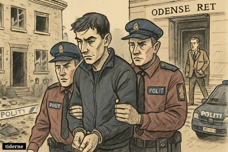 A handcuffed young suspect is escorted by police outside a courthouse, with bombing damage and anxious residents visible nearby.