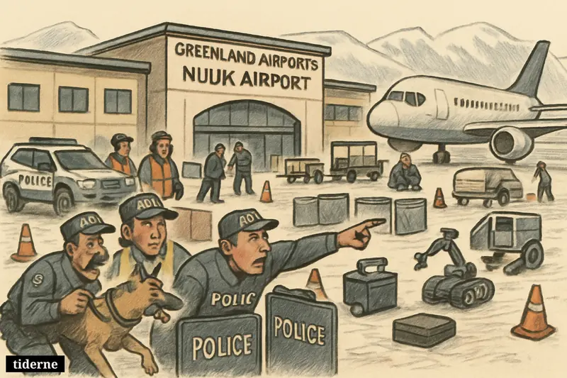 Security forces, a bomb robot, and anxious airport staff surround Nuuk Airport during a bomb-threat emergency response.