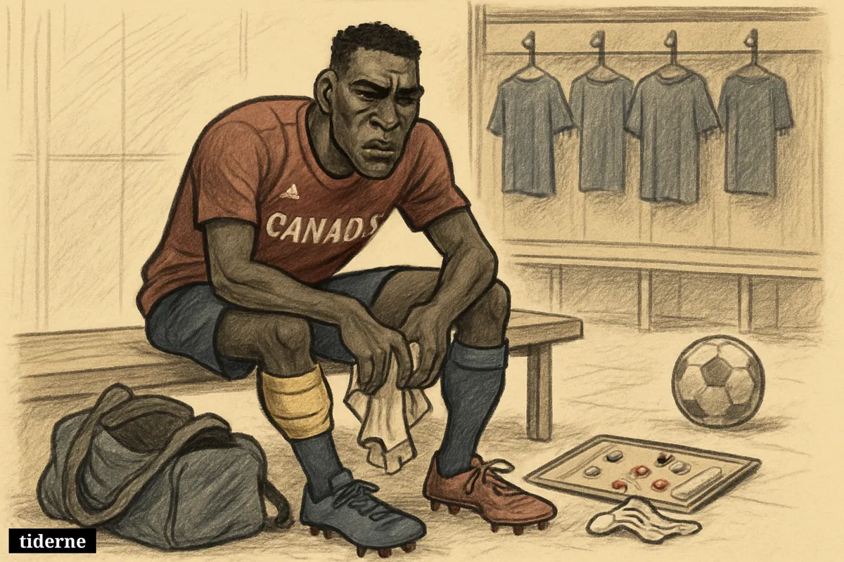 A caricature of injured defender Moïse Bombito sits in a locker room, clutching his leg beside untouched football gear and empty lockers.