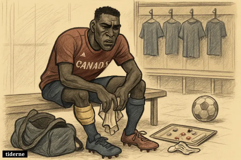 A caricature of injured defender Moïse Bombito sits in a locker room, clutching his leg beside untouched football gear and empty lockers.
