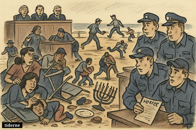 Chaotic Bondi Beach chanukah gathering with fleeing civilians, police holding a warning document, and investigators overseeing the aftermath.