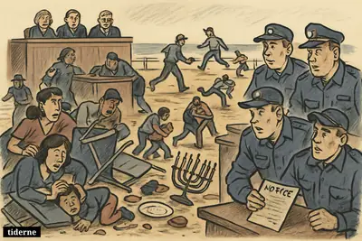 Chaotic Bondi Beach chanukah gathering with fleeing civilians, police holding a warning document, and investigators overseeing the aftermath.