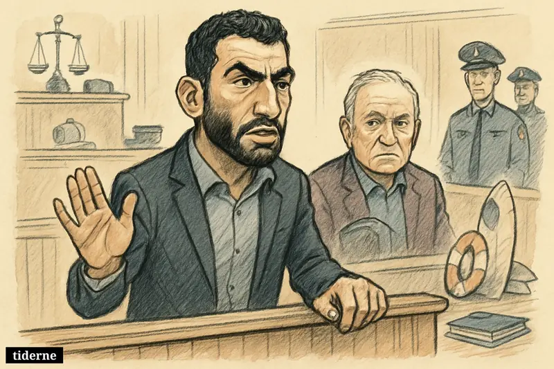 Ahmed al Ahmed stands tensely in a Sydney courtroom caricature, denying charges as his older father sits nearby and Anthony Albanese watches from the gallery.
