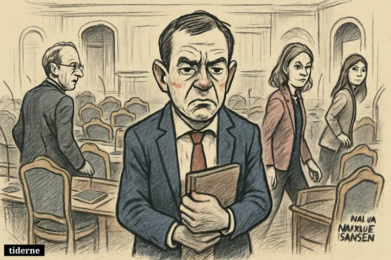 Lars Boje Mathiesen stands alone in the Folketing chamber as three former allies walk away past rows of empty seats.