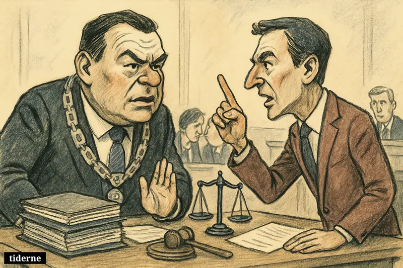 A mayor and Mikael Simonsen argue across a desk in a council chamber, surrounded by files, a scale, and tense onlookers.