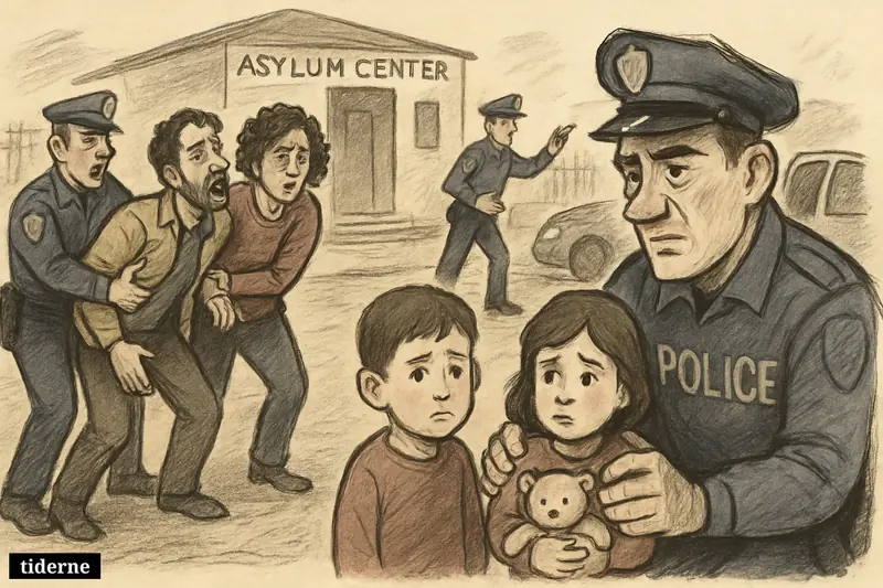 Two rescued children stand with police near an asylum center while two adults are detained beside a stopped car.
