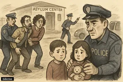 Two rescued children stand with police near an asylum center while two adults are detained beside a stopped car.