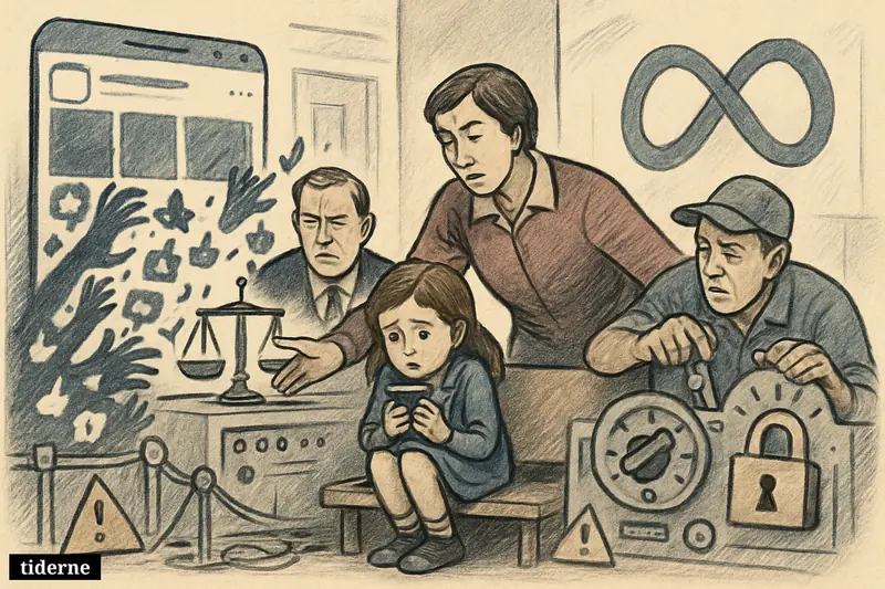 A frightened girl with a phone is protected by a teacher, regulator, and platform worker in a social-media safety control room.