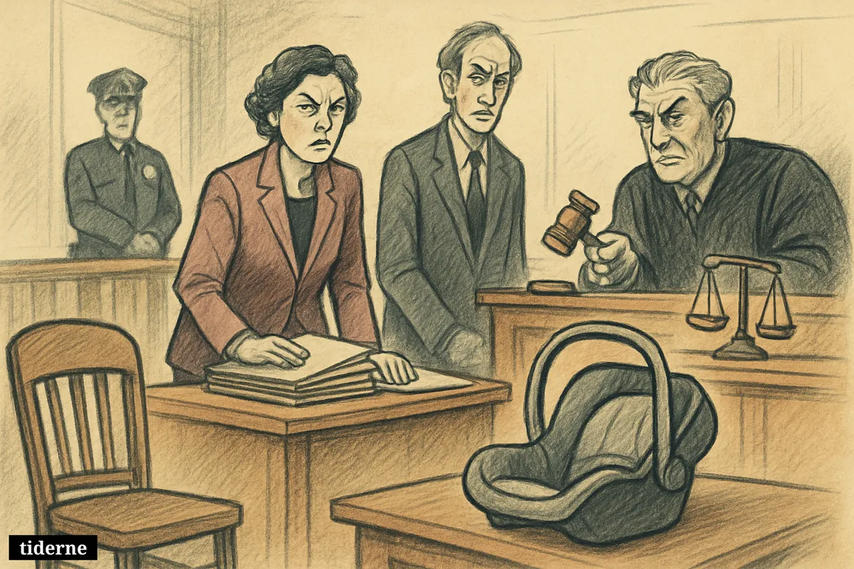 A courtroom scene with a judge, lawyers, a guarded doorway, and a baby carrier symbolizing a child abduction and extended remand case. (AI-genereret illustration)