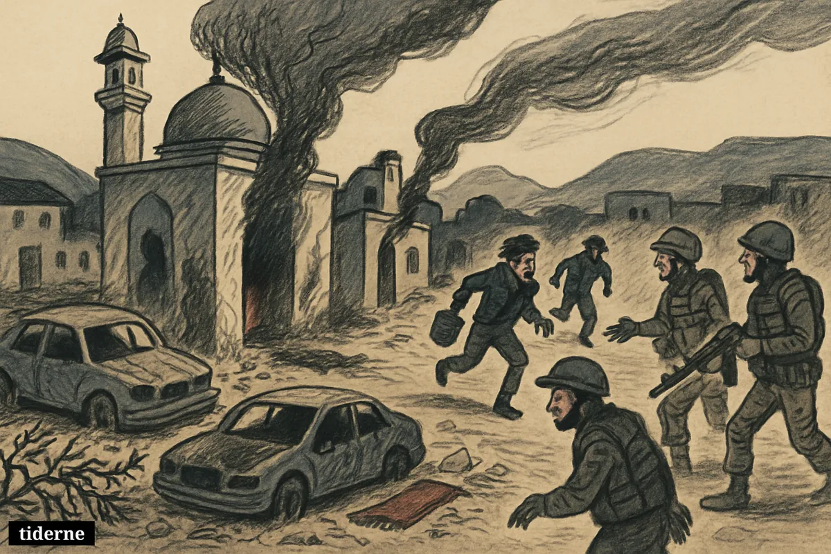 Two fire-damaged mosques, burned cars, fleeing settler figures, and arriving soldiers in a West Bank village street at night. (AI-genereret illustration)