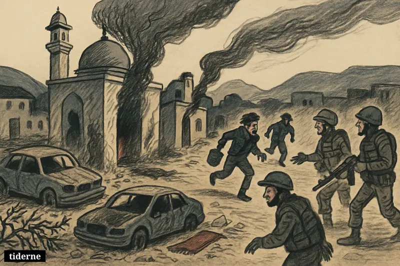 Two fire-damaged mosques, burned cars, fleeing settler figures, and arriving soldiers in a West Bank village street at night. (AI-genereret illustration)