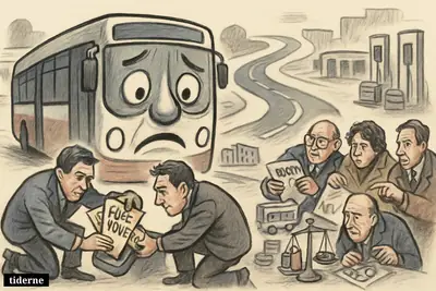 A worried diesel bus is supported by officials using fuel vouchers while transit managers face route cuts, fuel pumps, and budget pressure.