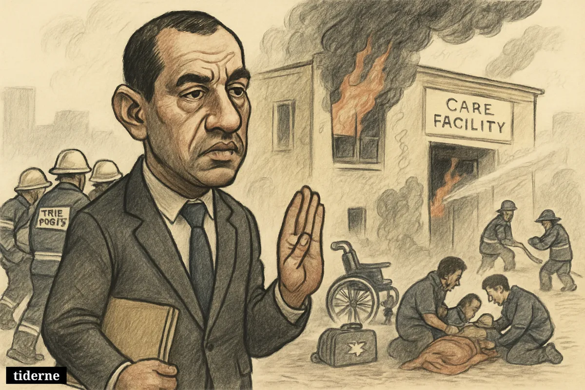 Caricature of Algeria’s prime minister before firefighters rescuing victims from a burning care facility in Algiers. (AI-genereret illustration)