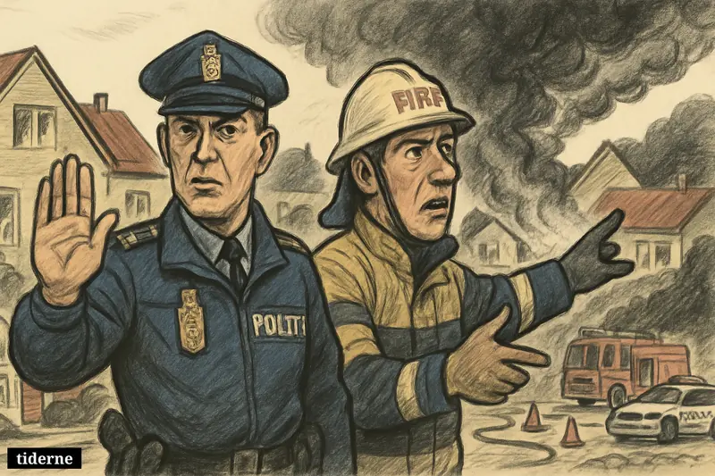 Caricature of police and firefighter warning residents indoors on a smoke-filled suburban street near a building fire. (AI-genereret illustration)
