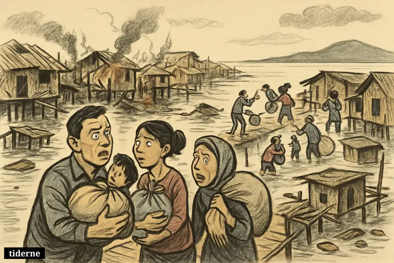 Displaced villagers stand on a jetty beside burned stilt houses in a coastal Sabah water village after a massive fire.