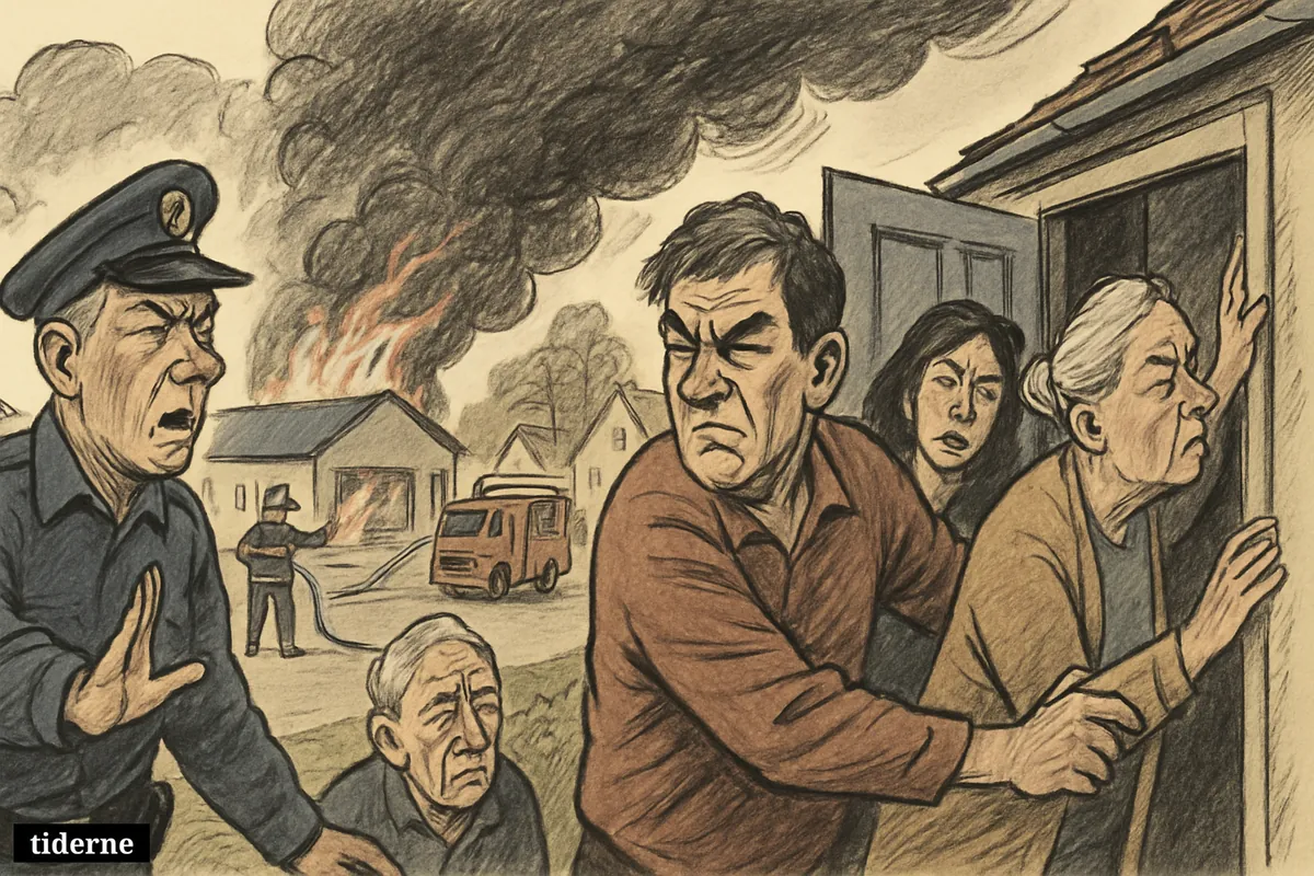 Residents shut doors and windows as smoke from a burning shop drifts across a neighborhood, while firefighters and police respond nearby. (AI-genereret illustration)